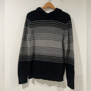 EXPRESS  mens Striped Hooded Sweater V-Neck Black Grey M